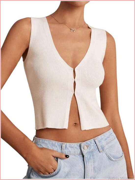 Sweaters - V Neck Sleeveless Button Down Sweater Vest Knit Top Lightweight